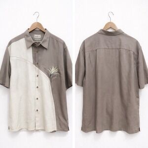 Bamboo Cay Mens Large Bird of Paradise Embroidered Silk Blend Camp Shirt Taupe